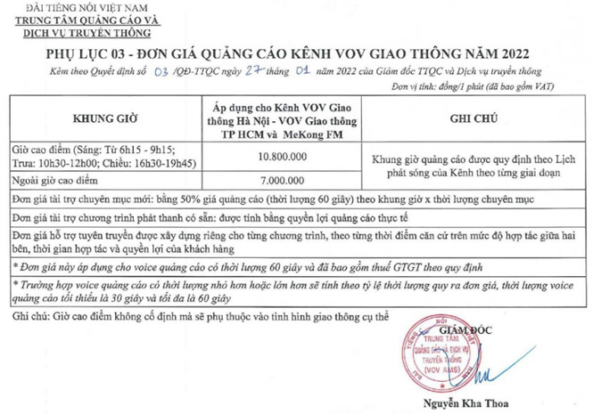 Báo giá quảng cáo VOV giao thông