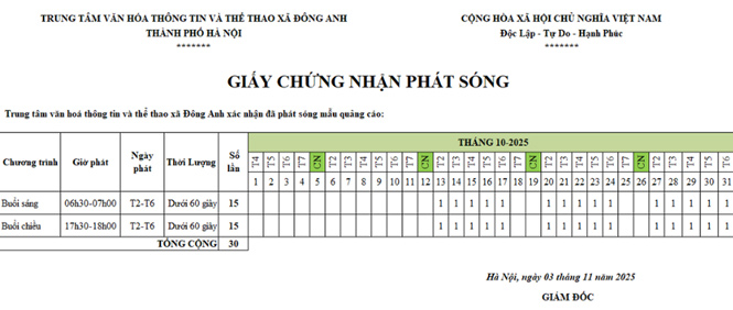 Chứng nhận phát sóng tại Đông Anh - Hà Nội